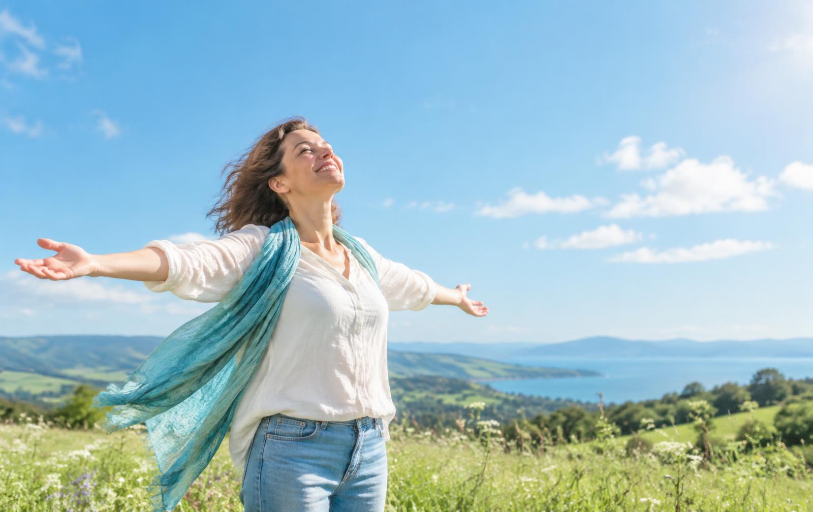 Frau atmet frei durch auf einer sonnigen Wiese